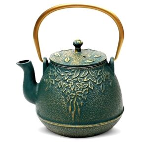 Vtg Toptier Japanese Embossed Leaves Cast Iron Stovetop Teapot w/ Infuser